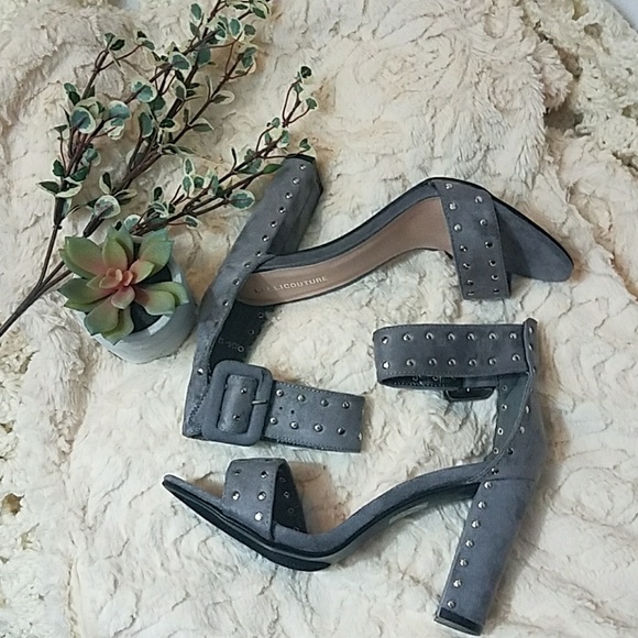 Grey Suede Rivet Studded Column Heel - Picture 2 of 5